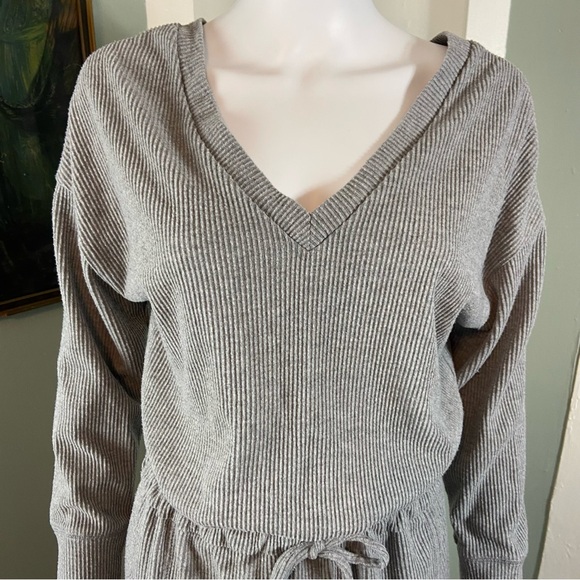 Chaser Love Rib Long Sleeve Double V Drawstring Jumpsuit in Heather Grey Medium - Picture 3 of 11